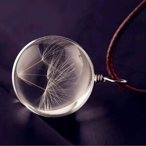Dandelion Seed Wish Necklace Glass Orb Pendant on Brown Cord Boho Nature NEW